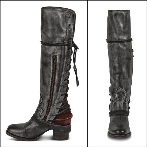 Freebird by Steven Coal Knee High Leather Lace Up Boots Distressed Boho Western - Picture 2 of 12